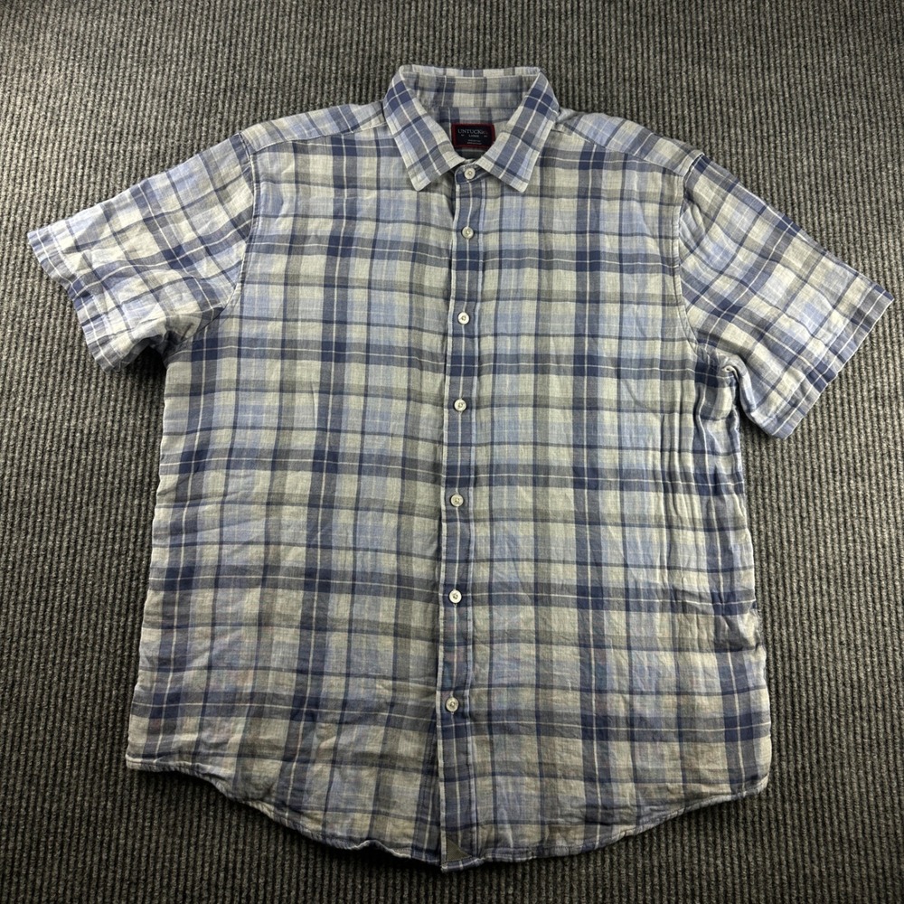 UNTUCKit Benjamin Blue Plaid Short Sleeve Button Down Shirt Mens Large 33981
